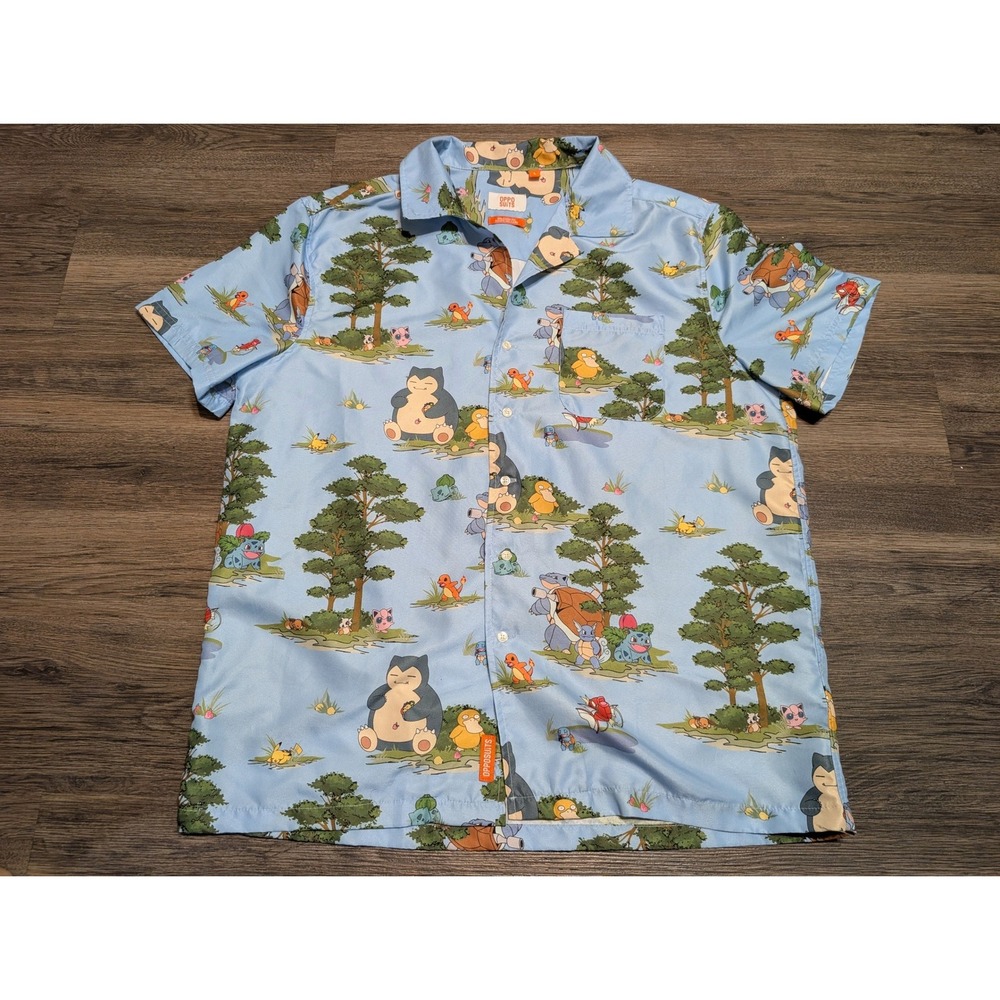 OppoSuits Pokemon Button Down Shirt Mens Large Blue Snorlax Pikachu Relaxed Fit